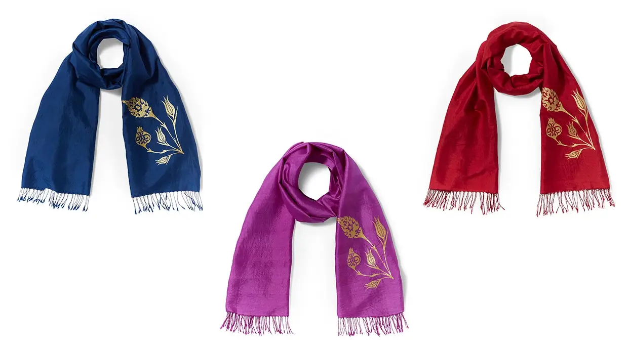 Zarif Design Islamic Floral Printed Oblong Silk Scarves, available in three colors